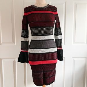 Frank Lyman Black Red Striped Sweater Dress Bell Trumpet Sleeves Bodycon Dress M
